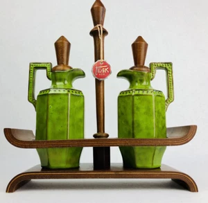 🟨 Servizio Olio Aceto Vintage 60s Originale Teak Ceramica Japanese Style - Foto 1 di 19
