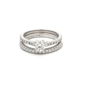 Tiffany &Co. Engagement Wedding Ring Set Platinum Solitaire w/Accent & Band - Picture 1 of 9