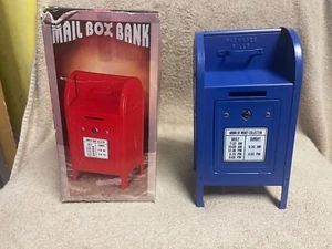 NEW METAL BLUE US MAIL BOX BANK W/SUPERMAN STAMP ON BACK WITH 2 KEYS - Picture 1 of 12