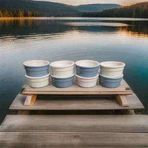 8~Cermer Terra Cotta White & Baby Blue Ceramic Ramekin Dessert Custard Cup 4oz - Picture 1 of 16