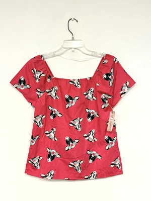 全新 牧马人 女孩 农民上衣 尺寸 大号 粉色 奶牛 花卉 皇冠衬衫 — 第 1/4 张图片