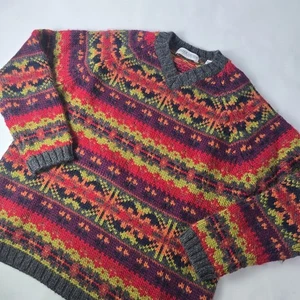 VTG 90s Womens Hand Knit Fair Isle Chunky Wool Valerie Stevens Sweater Sz L - Picture 1 of 8