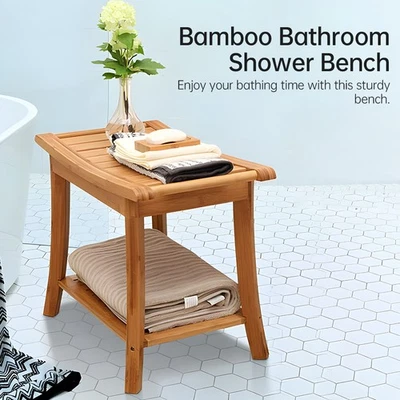 Shower Stool With Towel Holder Storage Rack Anti-slip Natural Bamboo Shower - Image 1 of 4