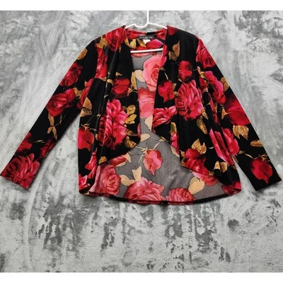 Joie De Vie Париж куртка женщин S красный черный цветочный бархат вельвет открытый передний  - Изображение 1 из 4