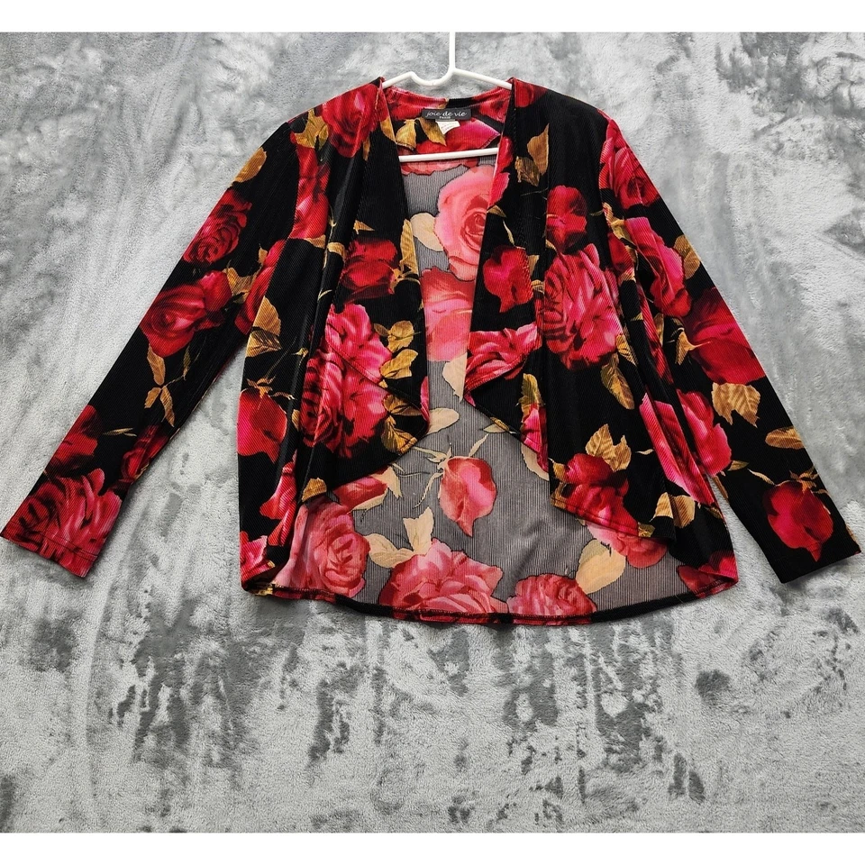 Jaqueta Joie De Vie Paris Feminina S Vermelha Preta Floral Veludo Veludo Frente Aberta  - Imagem 1 de 4