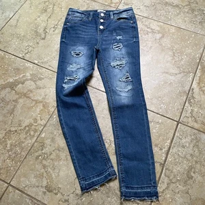 SO Distressed Denim Jeans Women's Frayed Hem Button Fly Dark Wash Blue Size 10 - Picture 1 of 5