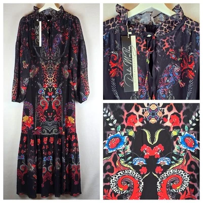 Dalia MacPhee Tie Neck Midi Maxi Dress Medium 6 Black Floral Animal Maximalist  - Image 1 of 4