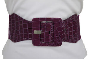 Women Fashion Elastic Dark Purple Belt Stretch Waistband Square Buckle M L XL