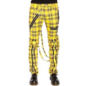 Puritues Gothic Men Split Leg Bondage Straps Steampunk Yellow Plaid Trouser Pant - Picture 1 of 4