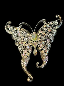 Vintage large Aurora Borealis glass rhinestone butterfly brooch 3.5”x 3” - Picture 1 of 17