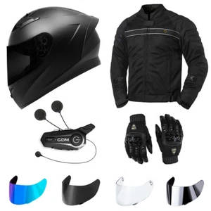MOTORCYCLE SAFETY GEAR BUNDLE -- Helmet Bluetooth Intercom Jacket Gloves Shields - Picture 1 of 12