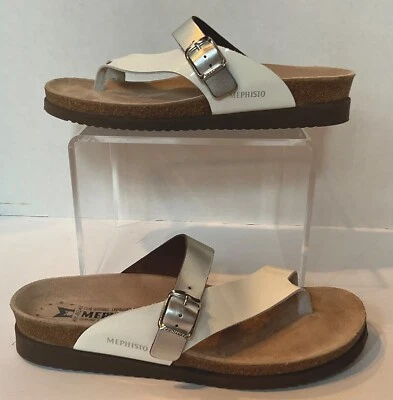 Sandálias tanga conforto Mephisto EUA 9,5/UE 41 Helen couro branco prata EXCLLNT - Imagem 1 de 4