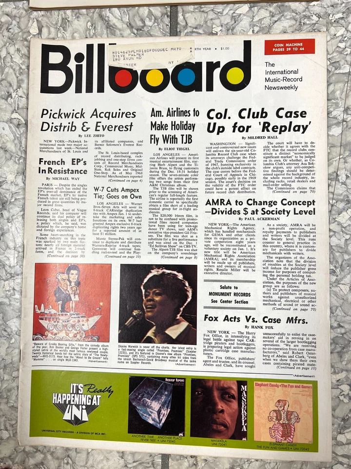 BILLBOARD MAGAZINE 12/21/68 DOORS "TOUCH ME" FP AD/ASTRAL WEEKS NR REVIEW SALE - Image 1 of 1