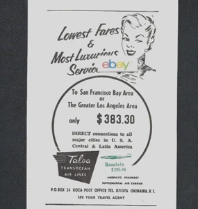TRANSOCEAN AIR LINES TALOA 1959 LOCKHEED CONSTELLATION OKINAWA TO OAKLAND ANNUNCIO - Foto 1 di 1