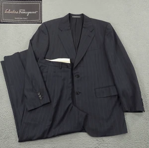 Salvatore Ferragmo Suit 40R Navy Wool Jacket 2pc Pleated Wide Trouser 34x30 Pant - Picture 1 of 21
