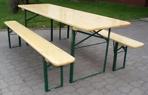 BEER TABLE SET, 220CM LONG, 50CM TABLE WIDTH, CLEAR VARNISH GREEN LEGS, SEATS 10 - Picture 1 of 13