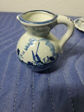 Vintage Delft Holland Small Blue Pitcher Vase Hand Painted Windmill 4" Tall
