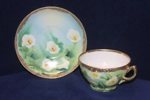 Splendido antico set tazze e piattini Nippon HP, gigli di calla, oro dorato, Moriage - Foto 1 di 23