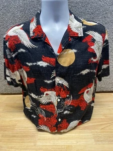 Jaywalker Mens S Button Up Shirt Red Black Japanese Cranes Camp Hawaiian Rayon - Picture 1 of 12