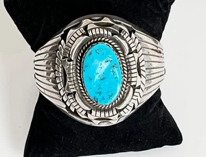 VTG. NAVAJO Elisabeth Guerro Turquoise Sterling Silver Heavy Cuff Bracelet 6 1/2 - Picture 1 of 8