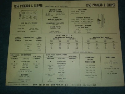 Packard & Clipper 352 1956 motor V-8 tabla de puesta a punto del sol/con encendido Autolite Foto 1 de 2