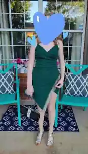 EMERALD SUNDAE green asymmetrical bodycon cocktail mini dress Rhinestones Small - Picture 1 of 16