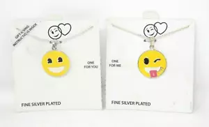 Pair BFF Emoji Charm Necklaces - Best Friends Silver Plated 18" Smiley Face NEW - Picture 1 of 10
