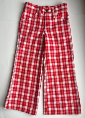 Vintage 1970s Buster Brown Kids Bell Bottom Legs Red & White Plaid Pants Sz 5 - Image 1 of 4