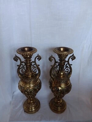 Antique 19.75 Inch Solid brass  Urns ,  Weighing 16 Lbs@, W/fierce Cat Handles - Image 1 of 4