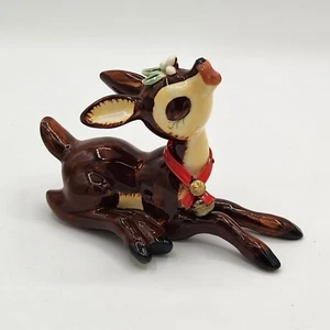 Vintage Napco  Deer Reindeer Bell Holly Figurine Christmas Kitsch 1960s Ceramic - Picture 1 of 9
