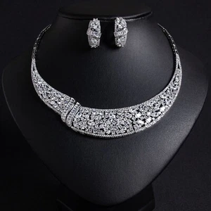 Luxury All CZ Cubic Zirconia Simply Necklace Earrings Set For Women Bridal - Picture 1 of 12