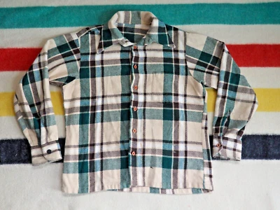 VTG 60s 70s Green Tan Plaid Pocket Outdoor Acrylic Woodsman Flannel Shirt L - Image 1 of 4