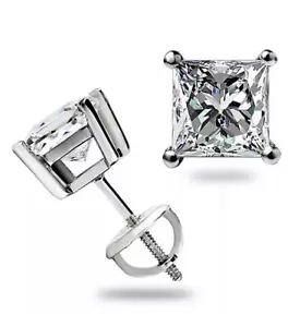 4Ct Princess Cut VVS1/D Lab Created Studs Earrings 14k White Gold 7mm Screw Back - Picture 1 of 6