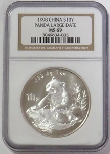 1998 SILVER CHINA 10 YUAN LARGE DATE PANDA 1oz NGC MINT STATE 69 - Picture 1 of 2