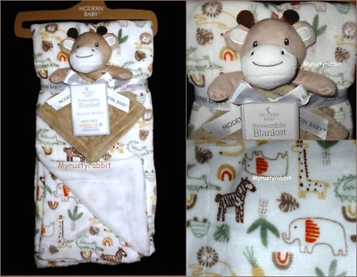 现代婴儿双面野生动物园毯和长颈鹿依偎毯 - 30x40 全新 — 第 1/4 张图片