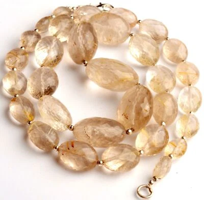 Golden Rutile Quartz 9x6 to 22x16 mm Size Faceted Oval Nugget Beads Necklace 21" - Image 1 of 4