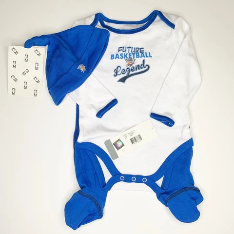 NBA OKC Thunder Baby Boys 3 Piece Set Bodysuit Beanie Pants 6-9M Blue White NWT Cover