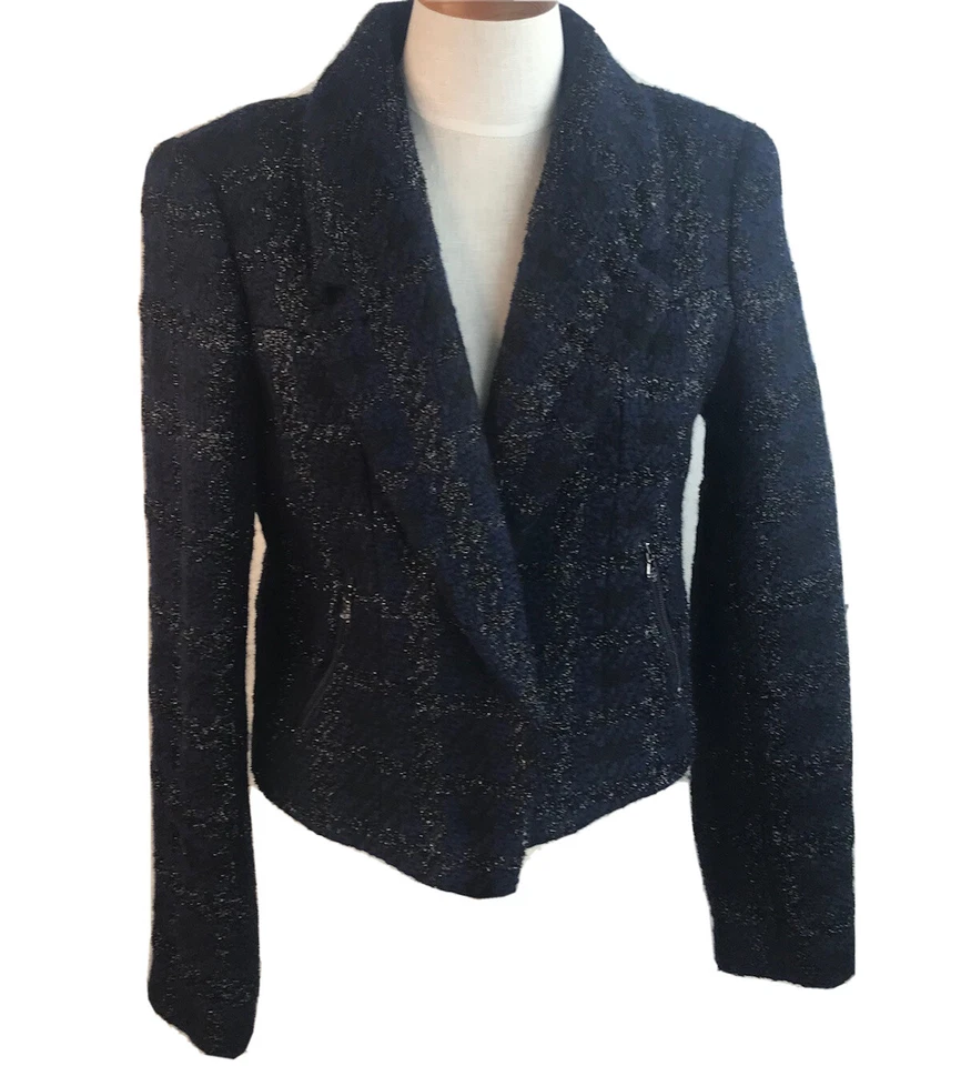 Blazer Knowleth Cole Azul Oscuro "Medianoche" Negro Metálico Tweed Frente Abierto NUEVO L Foto 1 de 4