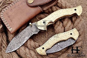 HUNTEX Handmade Damascus Blade, Hand Engraved Brass Handle, Spey Bladed Knife - Picture 1 of 7