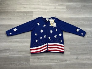 Quaker Factory Cardigan Blue July 4th Red White Flag & Stars Women’s Size 1X NEW - Picture 1 of 21