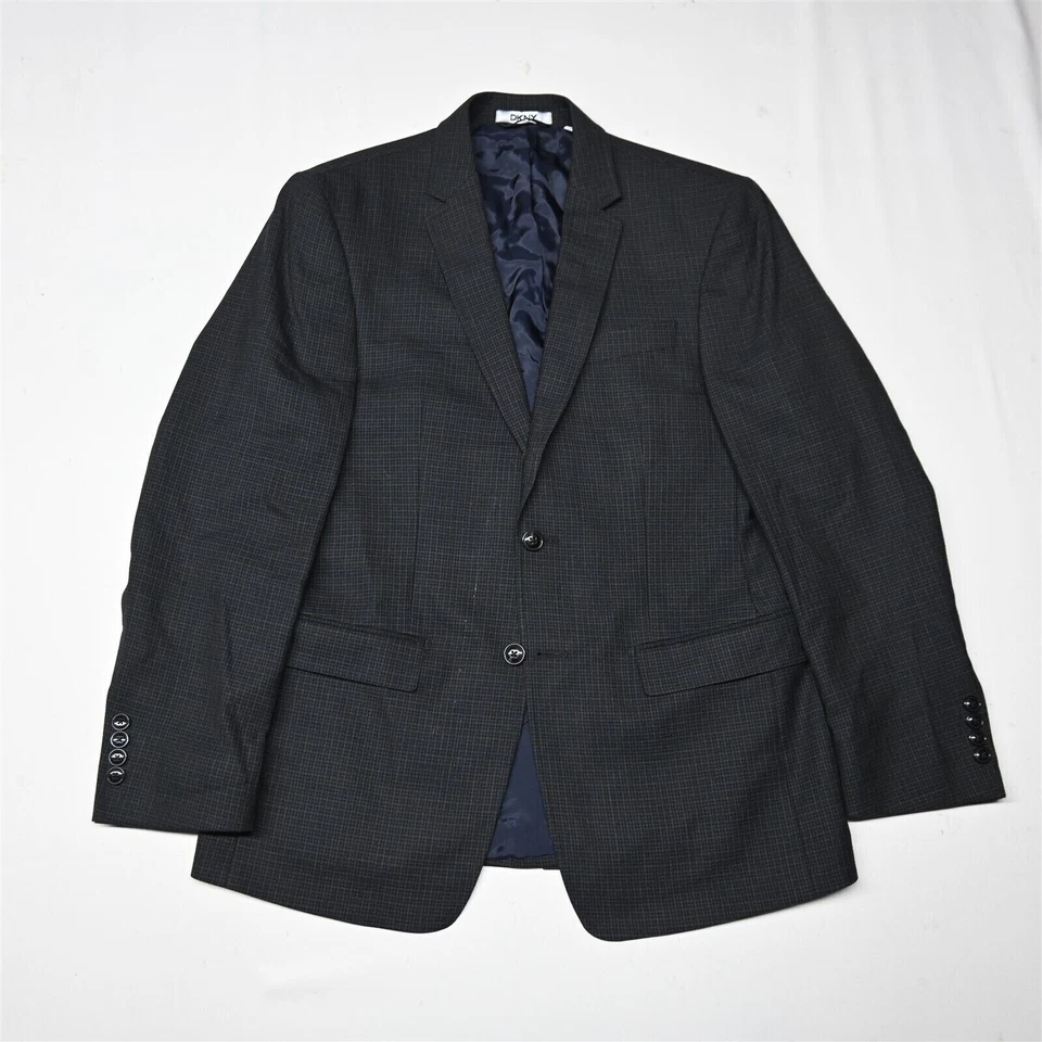 DKNY 40R Navy Blue Check Plaid 100% Wool Blazer Sport Coat Jacket - Image 1 of 4