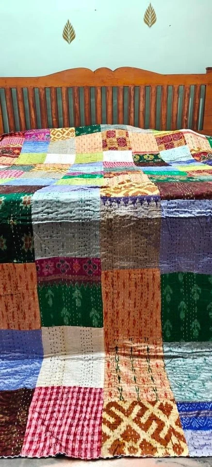 Indian Queen Kantha Quilt Handmade Patchwork Reversible Bedspread Blanket Throw - Image 1 of 4