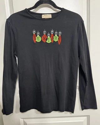 Blusa Feminina de Natal Preta L/S “Be Merry” Bordada/Embelezada - Tamanho Grande - Imagem 1 de 4
