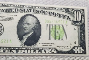 1934 $10 LGS Light Lime Green Seal, Cleveland Federal Reserve Note AU++/UNC Nice - Picture 1 of 8