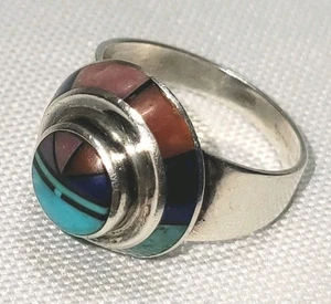 Vintage Jim Harrison handgefertigter Silberring Zuni Sonnengott mehrere Steine Inlay Größe 7 1/2 - Bild 1 von 9