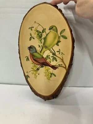 Vintage 70s Blue Bird Wall Hanging Wood Slice Plaque Mid Century Home Decor - Image 1 of 4