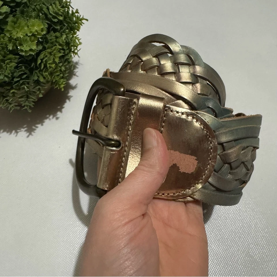 Vintage Express Genuine Leather Wide Corset Braided Belt Gold Size Large - Image 1 of 4