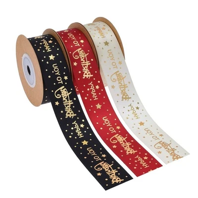 1" Happy Birthday Ribbon 3 Roll 30 Yards Birthday Satin Ribbons With Gold Printe - Image 1 of 4
