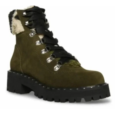 NUEVAS Botas Steve Madden Receptivas Tobillo Oliva Gamuza Cuero Camuflaje Borde Sherpa 7.5 Foto 1 de 4