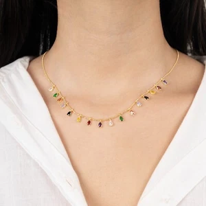 14k Gold Multicolor Station Necklace Rainbow Station Necklace 925 Silver Jewelry - Picture 1 of 2